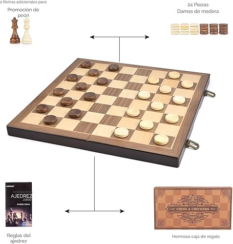 Miniatura 8 de AMEROUS Juego de ajedrez y damas de madera magnética, juegos de mesa de ajedrez de 15 pulgadas (2 en 1), 2 reinas adicionales, paquete de regalo,