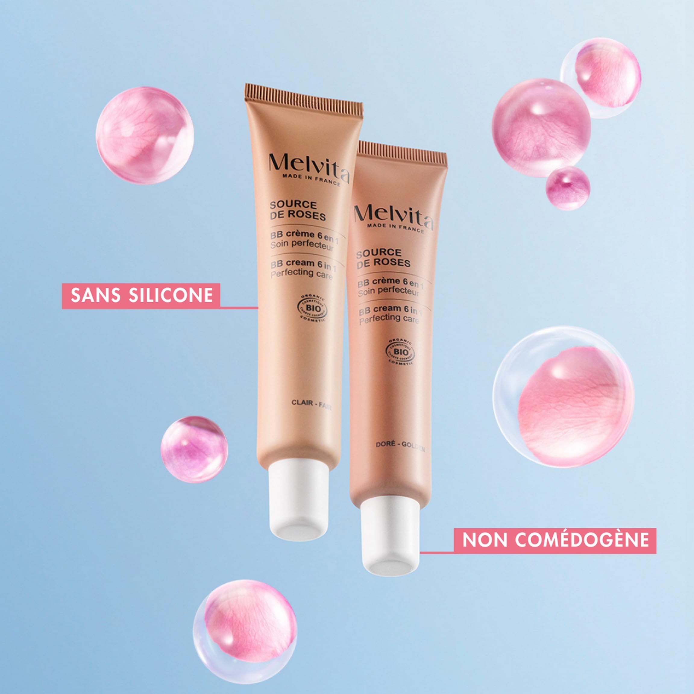 Melvita - BB Crème Source de Roses - Hydrate et Unifie le teint - Adaptés à tous types de peaux - Fabriqués en France