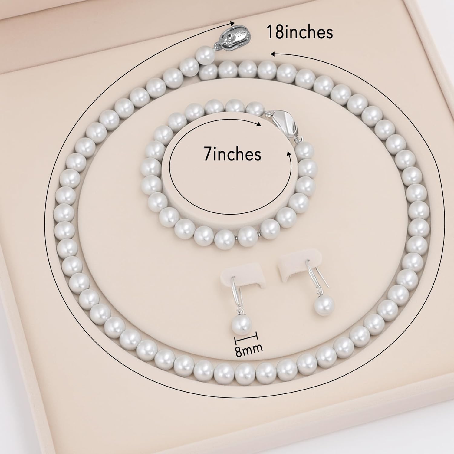 Pearl Jewelry Set for Women: 8mm Round White Shell Pearl Necklace Bracelet and Earring Set for Wedding Birthday Gift - Image 7