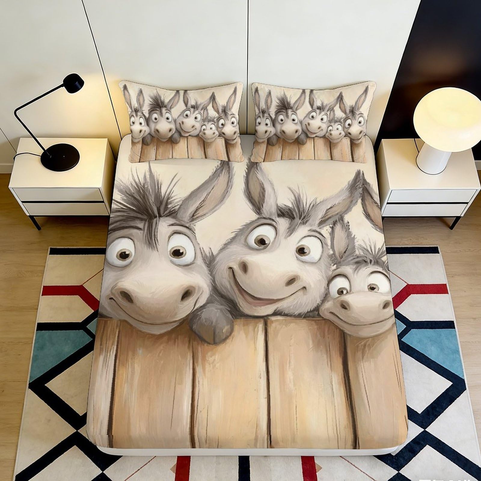 3D Printed Donkey Cartoon Fitted Sheet Microfiber Soft Durable Animal Pattern Bed Cover for Bedroom Dormitory Guest Room Mattress Protection 140x200x25cm