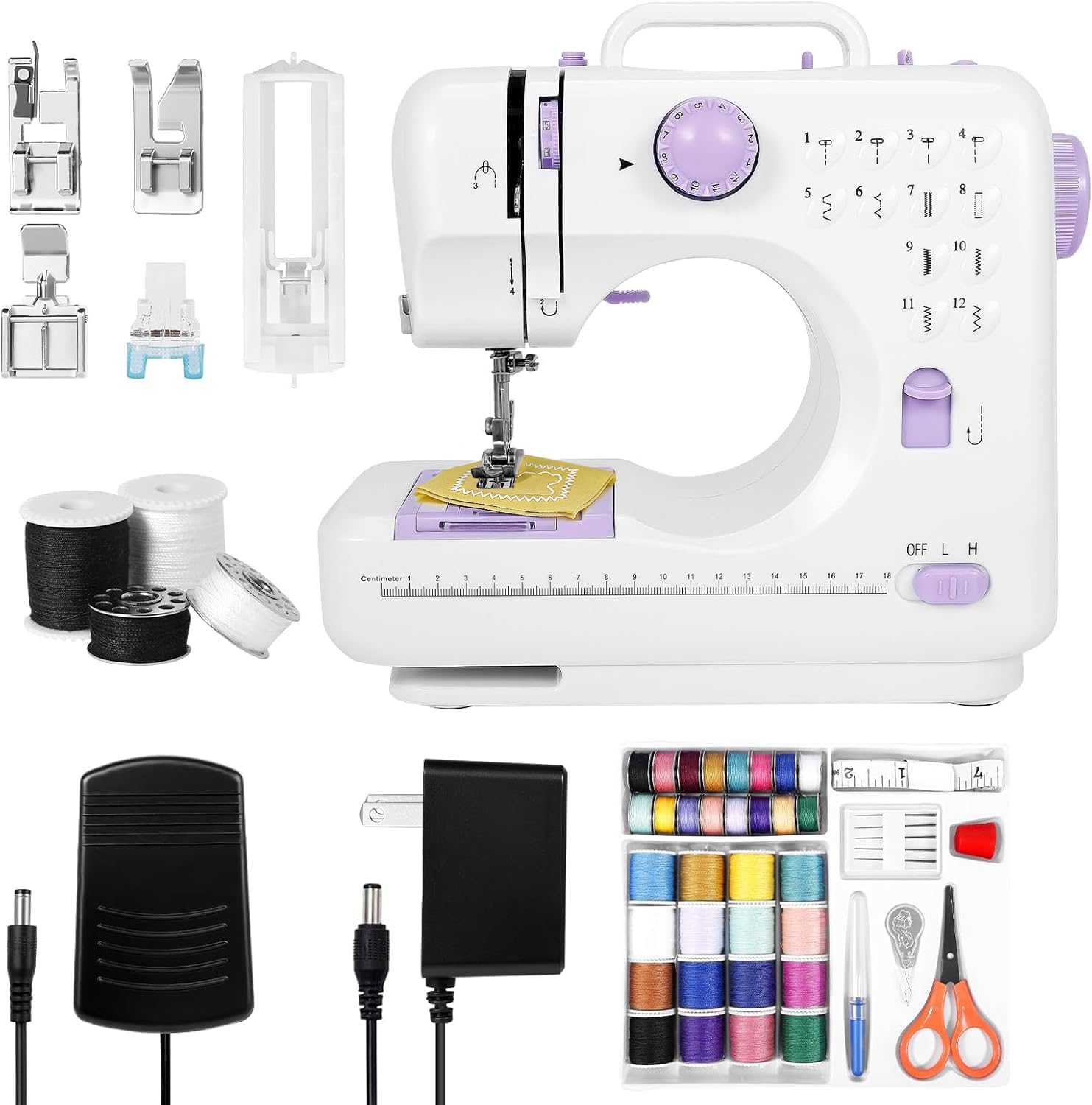 Mini Sewing Machine for Home Use, 12 Stitches, Pre-Threaded with Test Fabric, Factory Tested, with LED Light, Foot Pedal, 2 Speeds and 32-Spool Thread Kit for Beginners, Kids and Adults