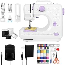 Mini Sewing Machine for Home Use, 12 Stitches, Pre-Threaded with Test Fabric, Factory Tested, with LED Light, Foot Pedal, 2 Speeds and 32-Spool Thread Kit for Beginners, Kids and Adults