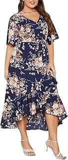 Plus Size Wedding Guest Maxi Dress for Curvy Women, Summer Casual Boho Floral Long Wrap Dress with Sleeve and Pocket - Buy now