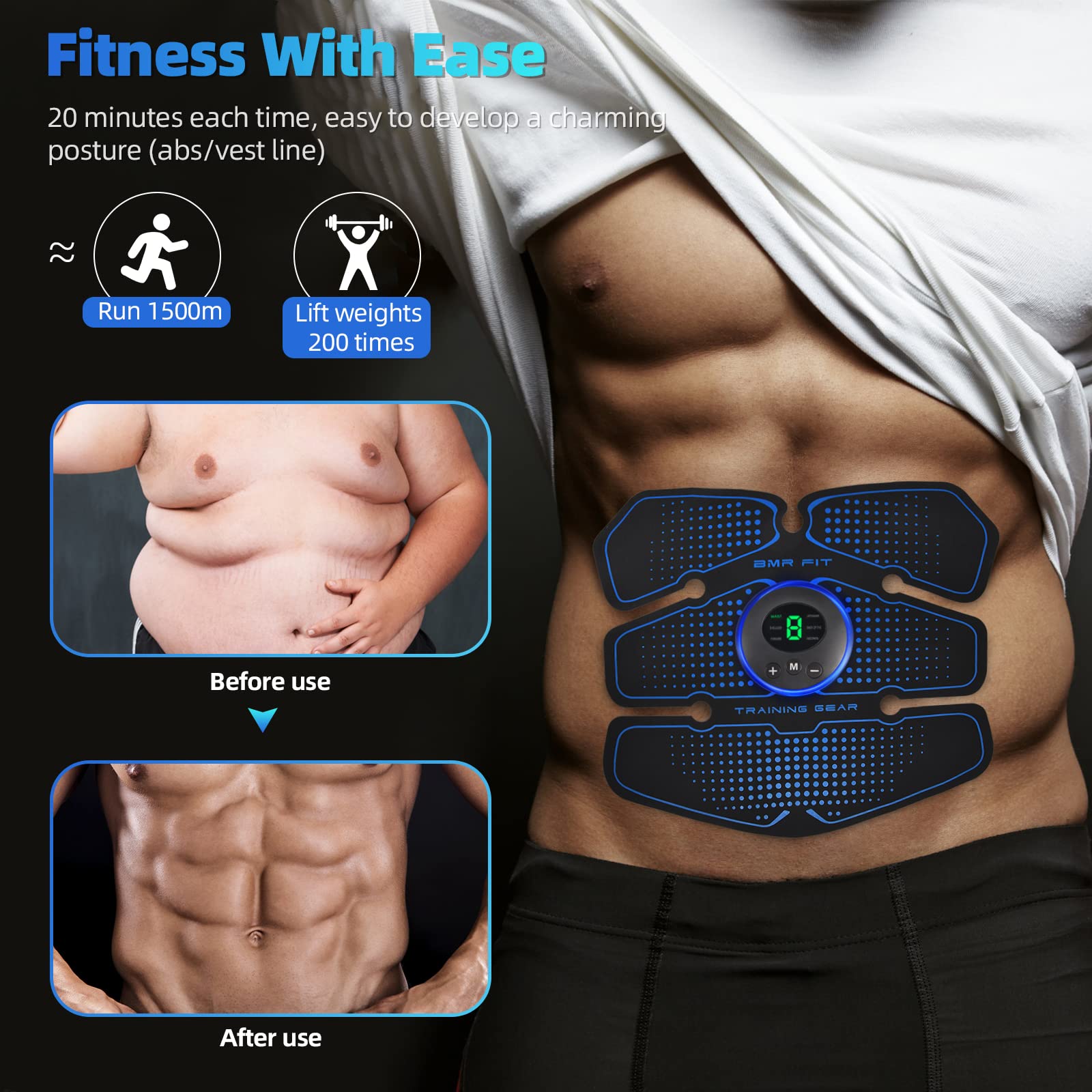 EMS Trainingsgerät, Bauchmuskeltrainer Elektrisch EMS Bauchtrainer 6 Modi und 9 Intensitäten, Bauchmuskel-Gürtel für Bauch Arm Bein