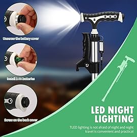 Hold 440 Lbs Walking Cane for Men & Women Aluminum Alloy Lightweight Height Adjustable Walking Stick Heavy Duty Foldbale Free Standing Cane with LED for Seniors Adults Black