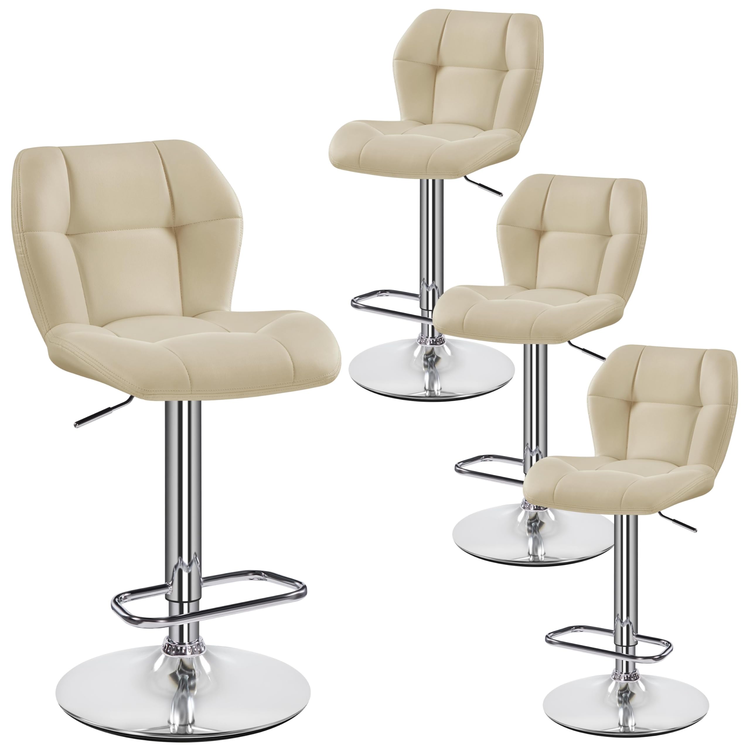 Yaheetech Bar Stools, PU Leather Breakfast Bar Chairs, Swivel Height Adjustable Barstools, Counter Stools with Backrest for Home Kitchen, Restaurant, Khaki, 4PCS