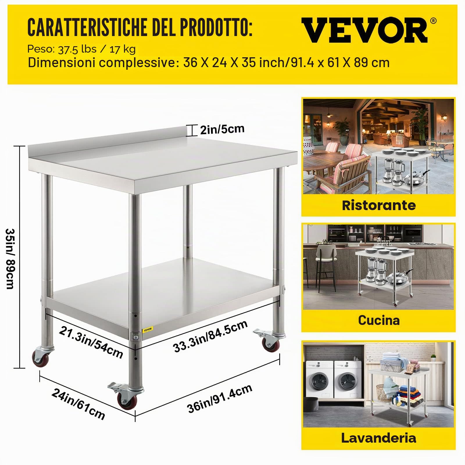 VEVOR Tavolo da Lavoro per Cucina di Preparazione Alimenti in Acciaio Inox 4 Ruote Alzatina 5cm, Piano da Lavoro Ripiano Doppio 91,4x61x89cm con Ruote e Alzatina Capacità Carico 200kg, metallico