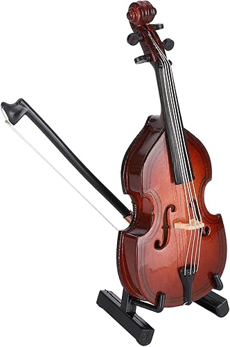 Miniatura 5 de Adorno de bajo miniatura de madera de 3.9 in con soporte, arco y estuche, mini réplica de instrumento musical coleccionable modelo de casa de