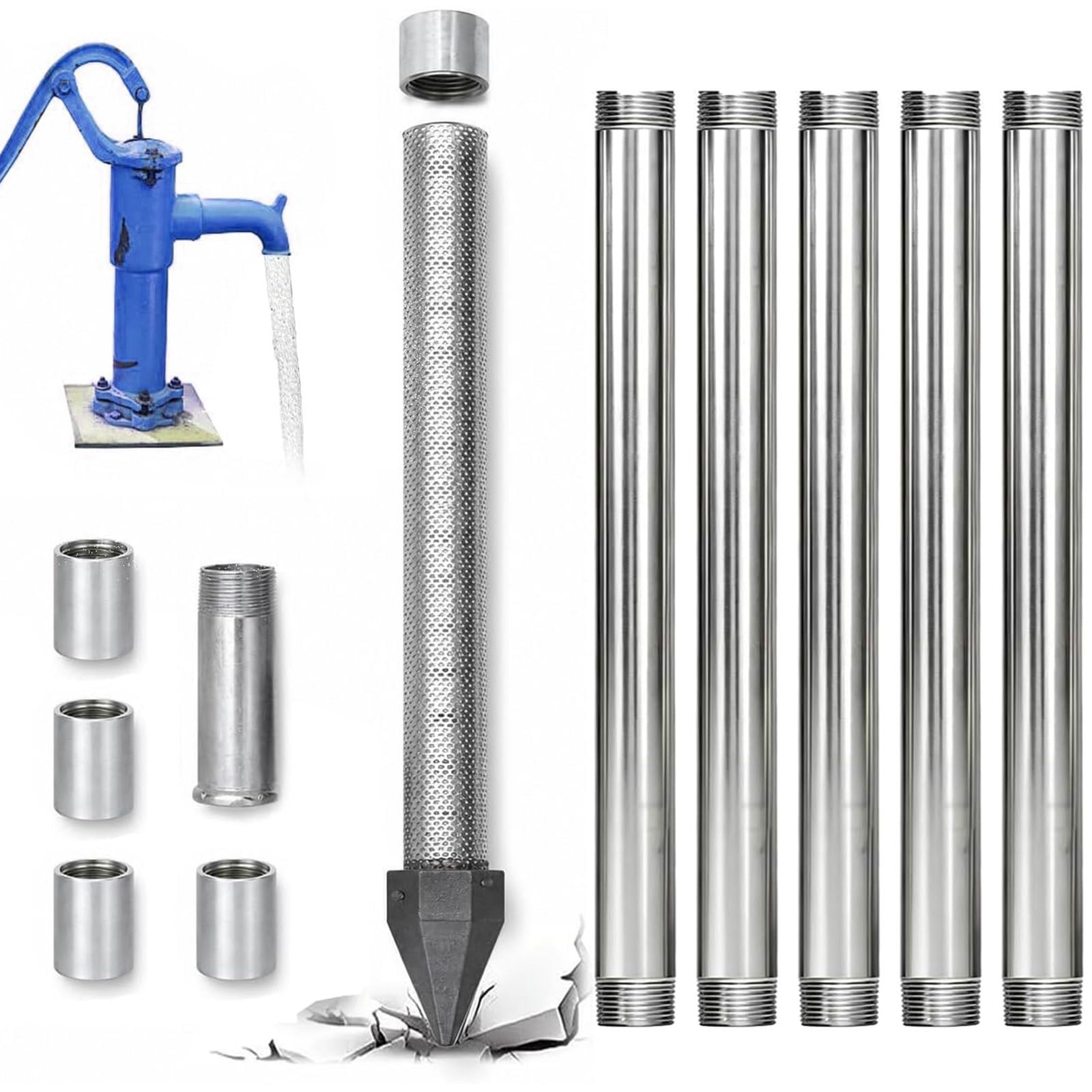 Indipendenza idrica: kit punta pozzo 1 1/4" NPT, filtro inox anti-sabbia, soluzione manuale per emergenze siccità, irrigazione autonoma giardino e orto(6m)