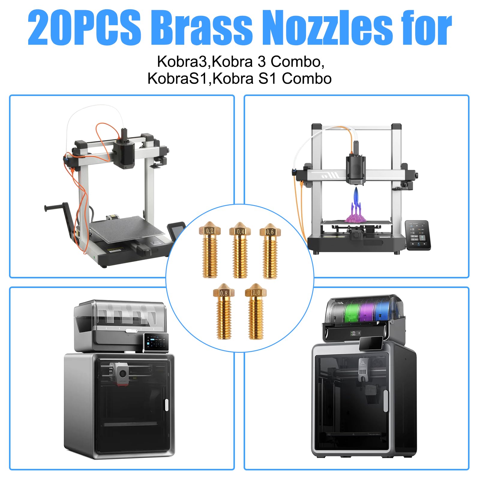 20 dysz mosiężnych, dysze mosiężne, dysze do drukarki 3D | do Anycubic Kobra 3, Kobra 3 Combo, Kobra S1, (8 x 0,4 mm + 3 x 0,2 mm + 3 x 0,6 mm + 3 x 0,6 mm + 3 x 0,8 mm + 3 x 1,0