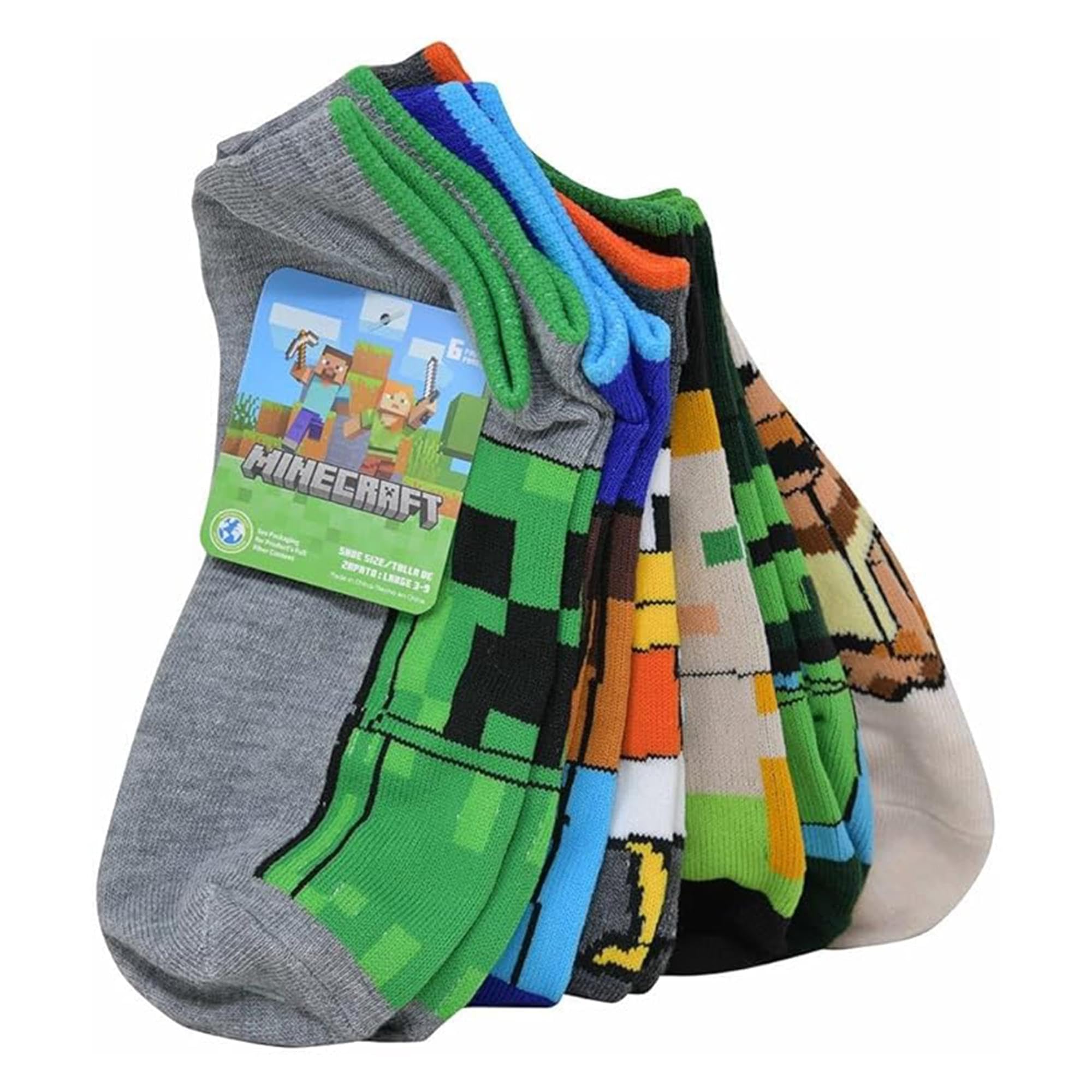 Minecraft Jungen No Show, Assorted Pack of 6 Pairs Socken für Kinder, Mehrfarbig/Meereswellen (Ocean Tides), 18-25.5 EU