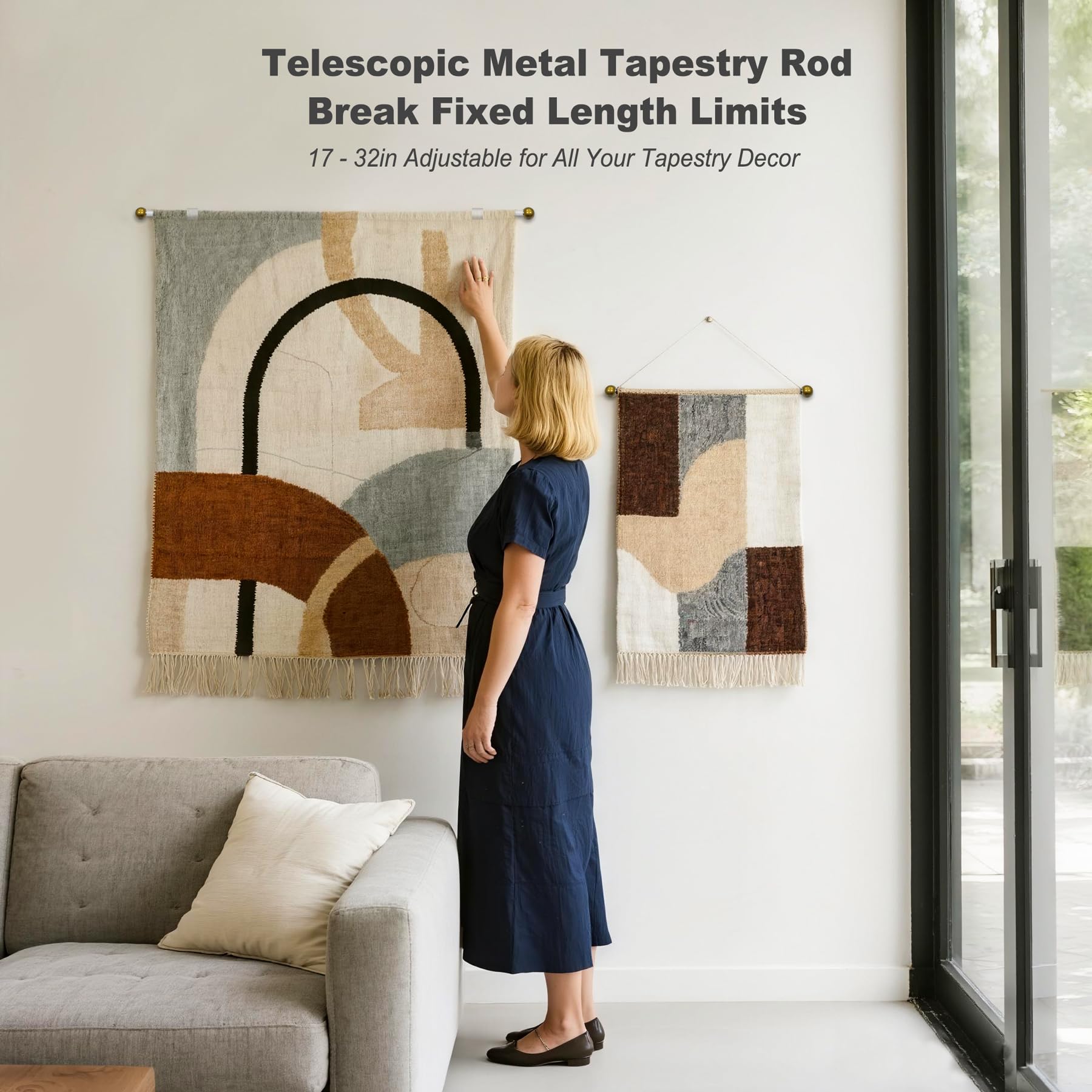 Tringle télescopique à suspendre pour tapisserie, décoration de chambre, barre de suspension murale évolutive (43,2 à 81,3 cm, noir)