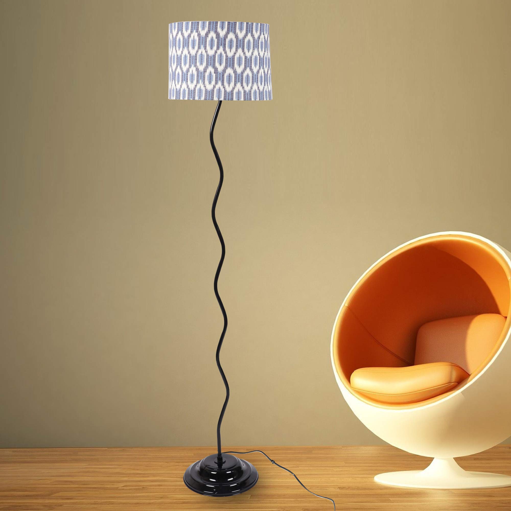 tu casa Floor Lamps Black Metal Base with Blue/Black Cotton (Ikat Print) Shades for Home Décor, Bedrooms, Living Room, Gifting, Diwali Decoration, Dining Space, Study Room, Restaurants (H-56.5")