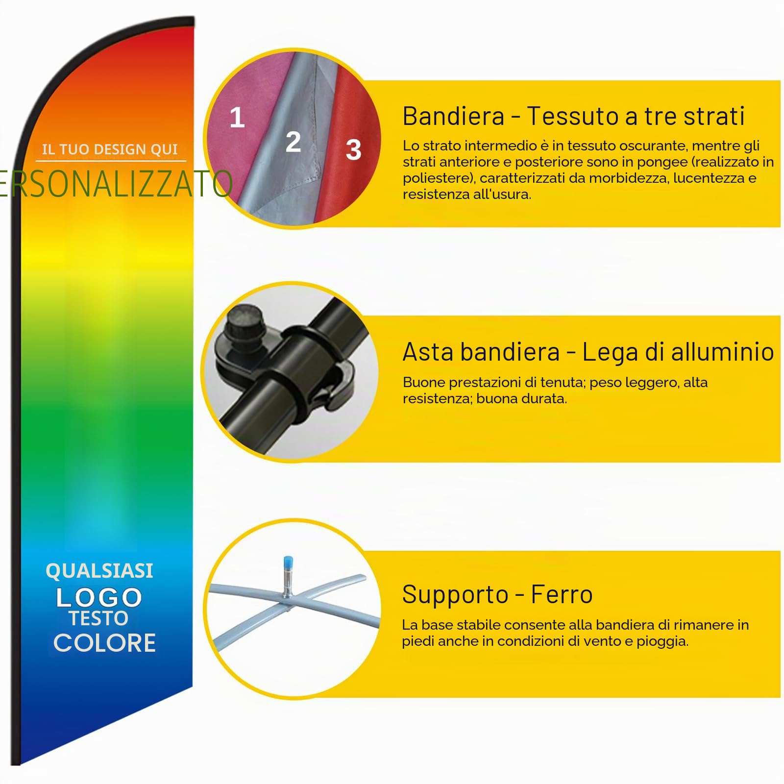 Bandiera con Piume Personalizzata con Kit Asta Supporto in Ferro Bandiera con Piume Personalizzata per Insegna del Negozio per Banner Promozionale Pubblicitario Aziendale - 2,8 m