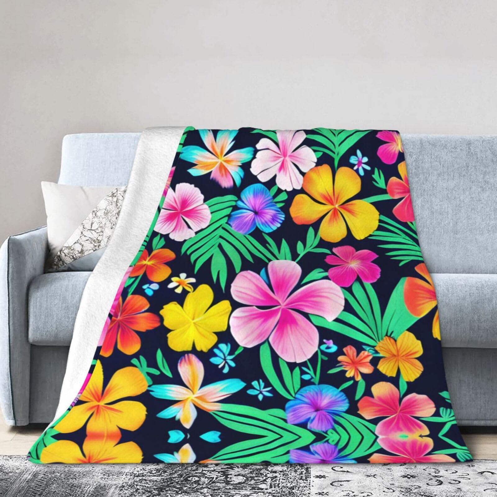 Colorful Flowers 50"x40" Fleece Blanket, Full Size, Super Soft, Suitable for Bed, Sofa, Camping, All Seasons