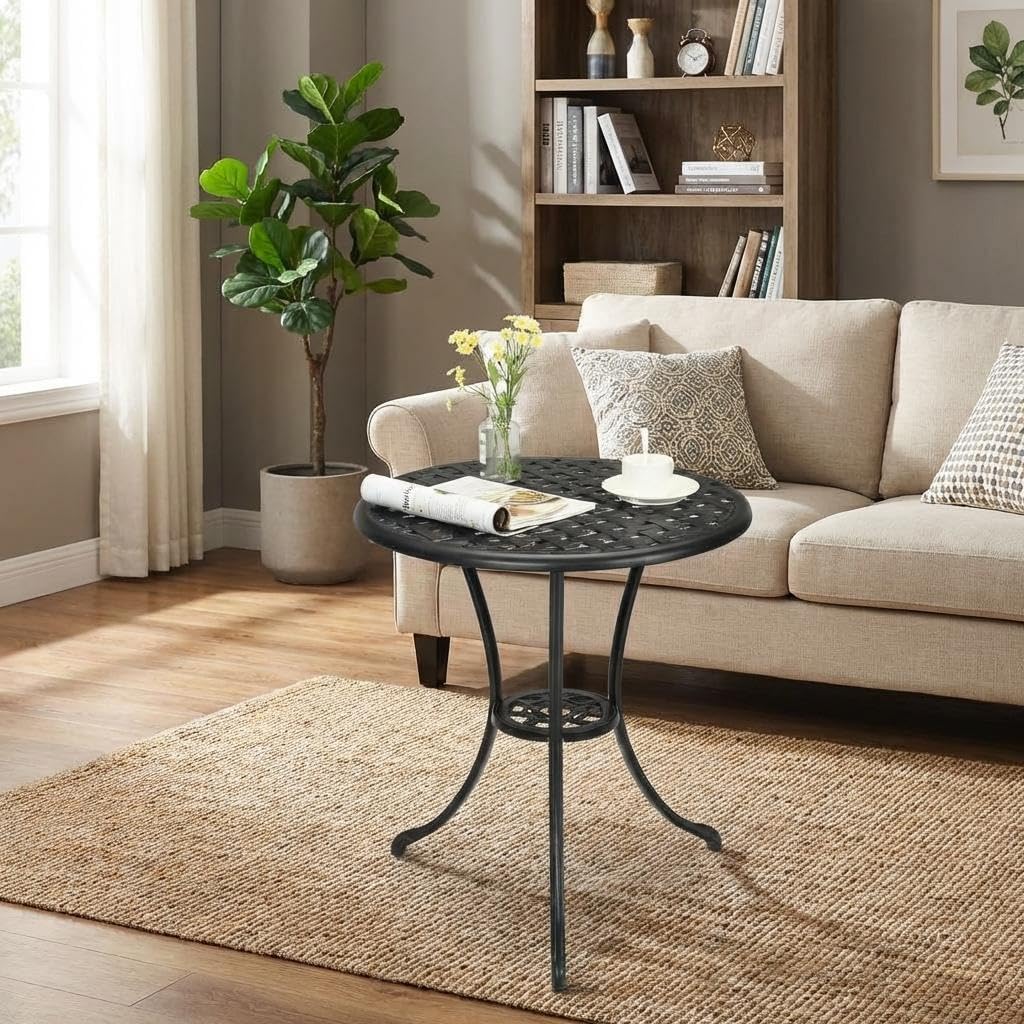 CABIHOME Patio Bistro Table, Round Retro Cast Aluminum Dining Table with 2 Inch Umbrella Hole, Pub Height Outdoor Side Table for Porch, Backyard, Garden & Balcony