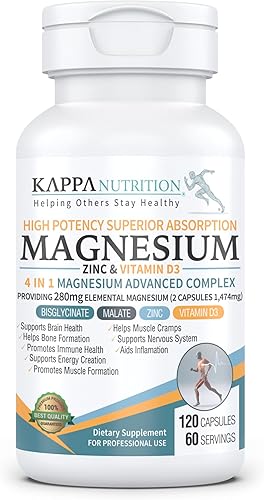 Miniatura 7 de Kappa Nutrition Magnesio 4 en 1, 280 mg de magnesio elemental (bisglicinato, malato) + zinc y vitamina D3, cerebro, sueño, energía, músculo, apoyo