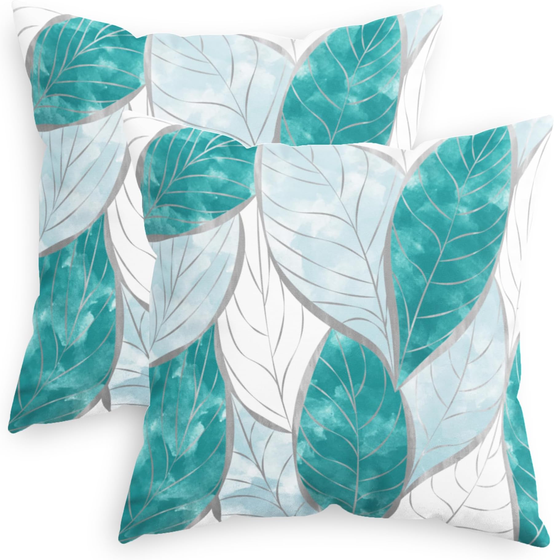 Throw Pillow Covers Decorative 18 X 18 Inches Pack of 2 Cozy Fleece Watercolor Vibrant Leaves Cushion Cases for Couch Bed Sofa Farmhouse Decoration Teal Blue
