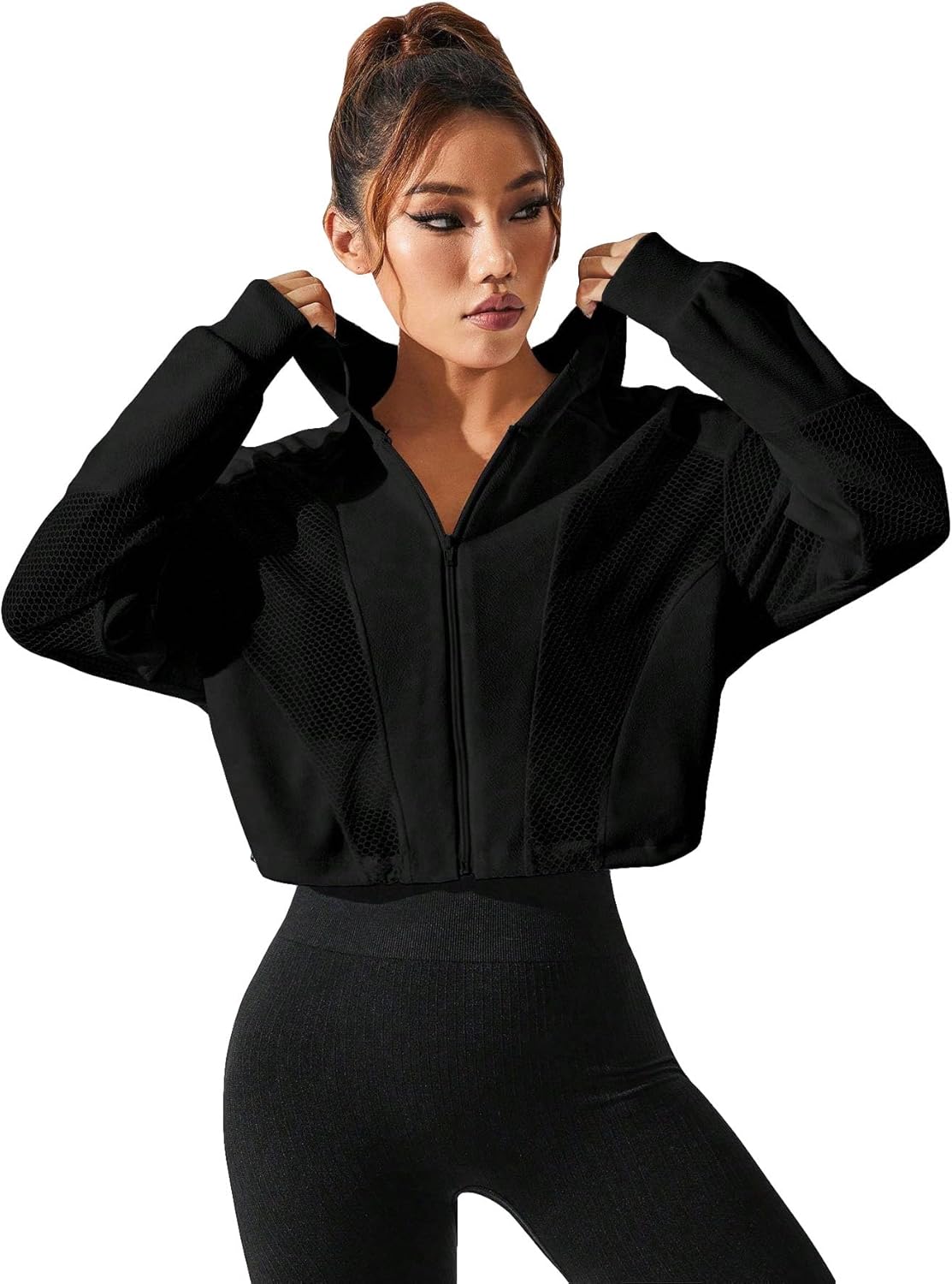 SweatyRocks Women's Zip Up Drawstring Hem Cropped Hoodie Mesh Workout Sports Track Lightweight Jacket - Image 4