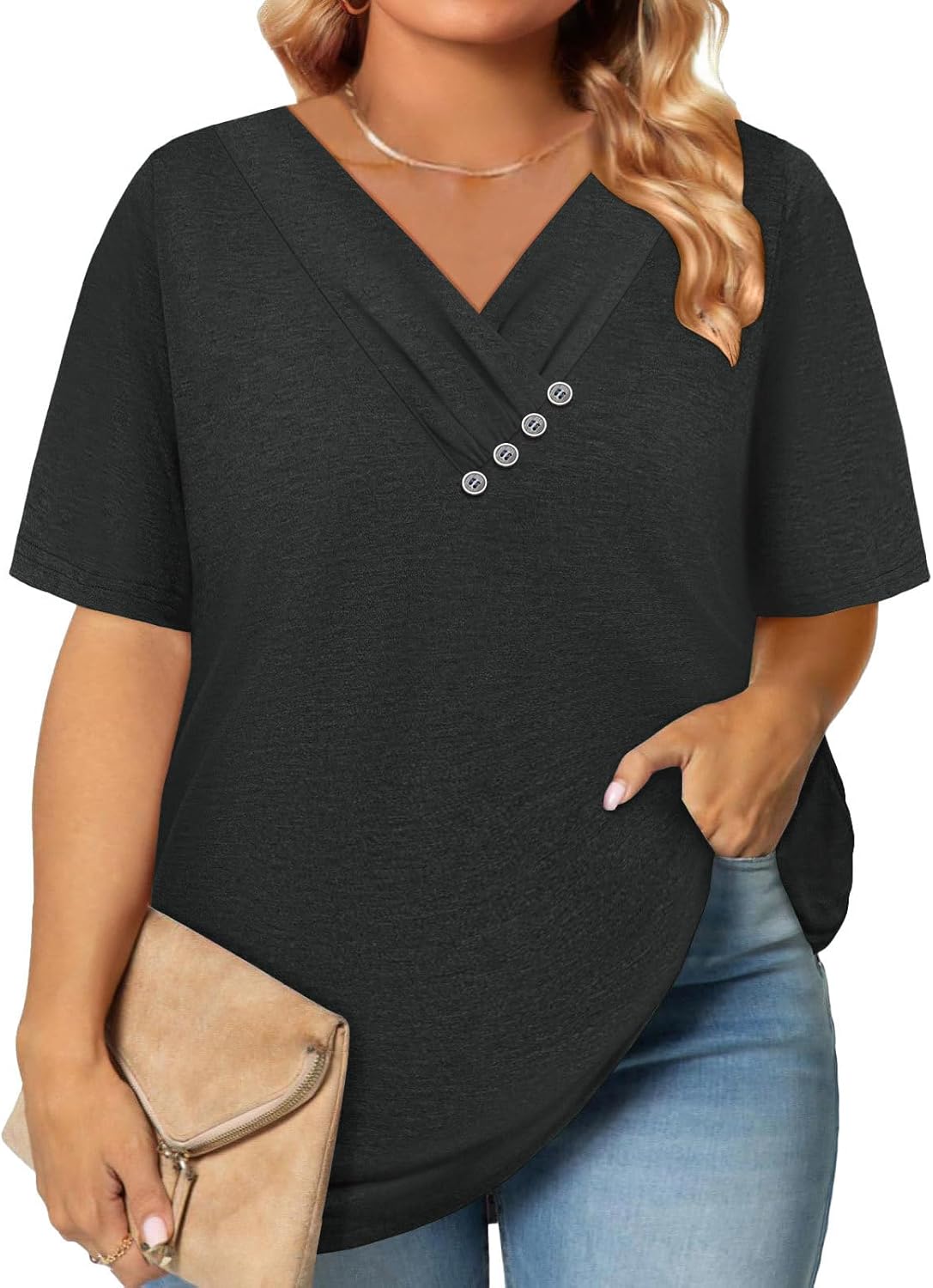 Womens Tops Summer Plus Size Clothes for Women Fashion Clothing Trendy Oversized Tshirts Sweatshirt Button Down Shirts Blouses Dressy Casual Business Beach Vacation Cruise Essentials Outfits Black L