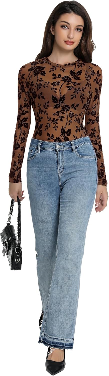 Floral Mesh Top for Women Crew Neck Long Sleeve See Through Tee Shirts Fitted Sexy Going Out Tops - Image 7