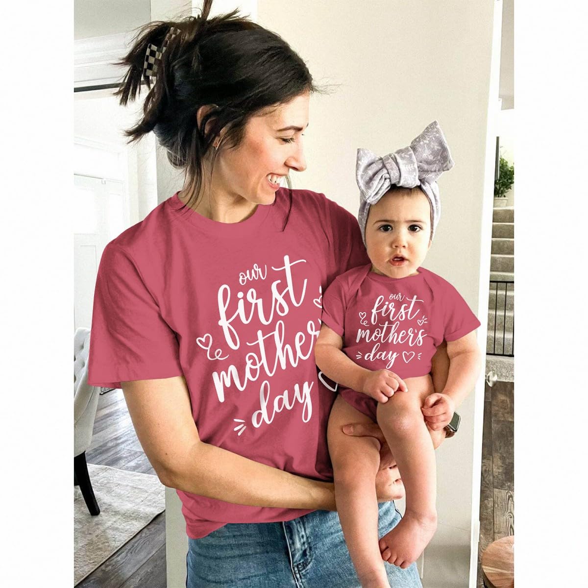 CM C&M WODRO Our First Mothers Day Matching Shirt Bodysuit Gift for New Mom Newborn Baby Boy Girl Romper Mommy and Me Outfit (A-Mama Dark Pink, 2XL)