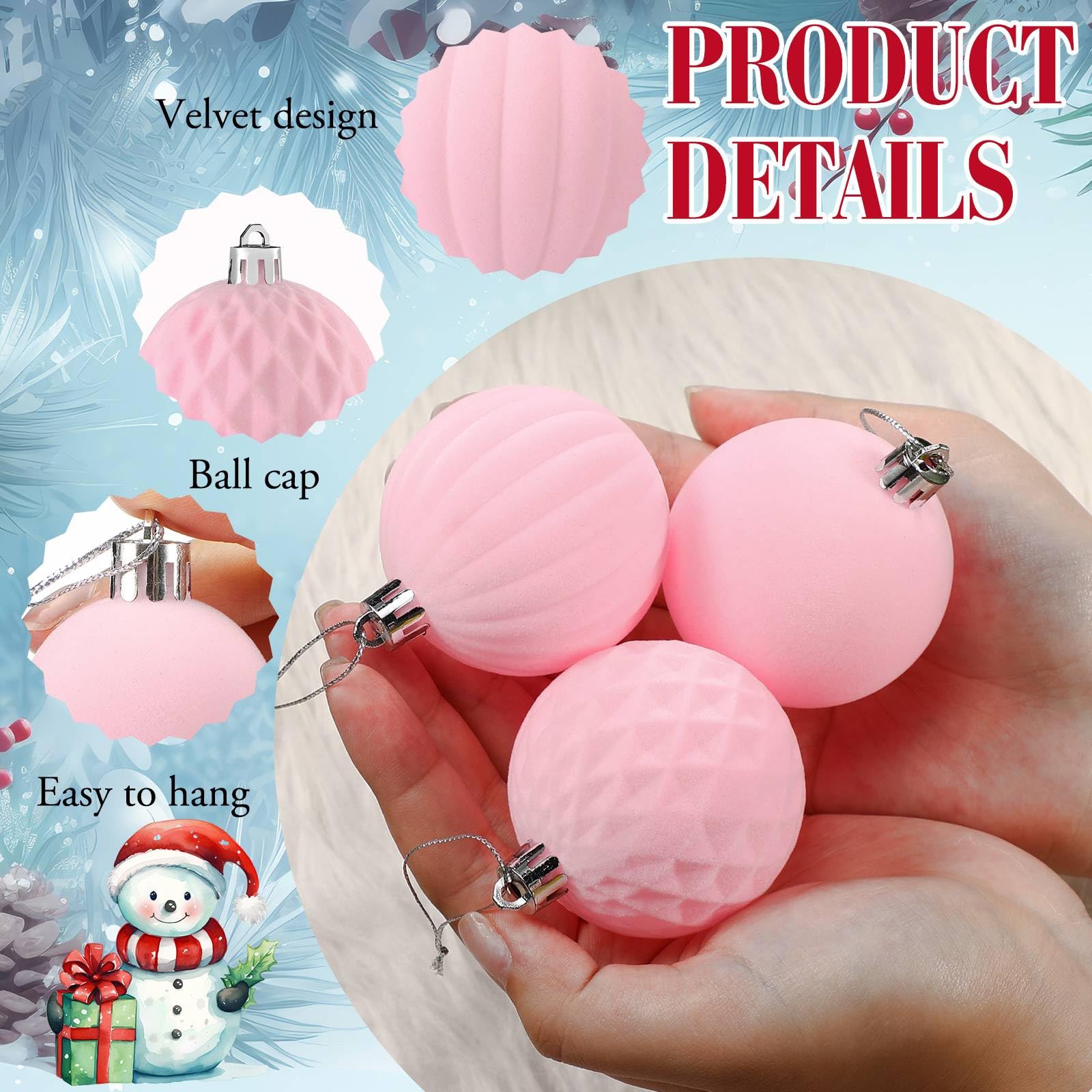 Hungdao Lot de 38 boules de Noël en velours floqué rose – 5 styles en 3 tailles – Décorations incassables à suspendre pour sapin de Noël