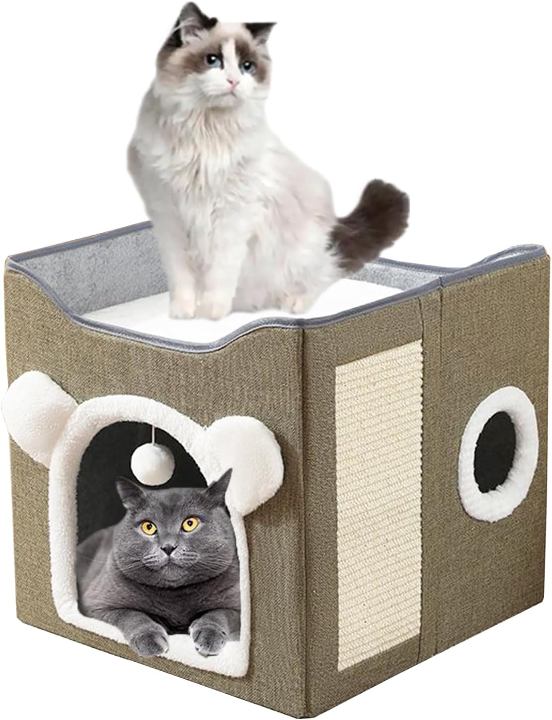 Cat Bed for Indoor Cats Foldable Cat Houses with Fluffy Ball and Scratch Pad Large Cat Cave Green Cat Hideaway