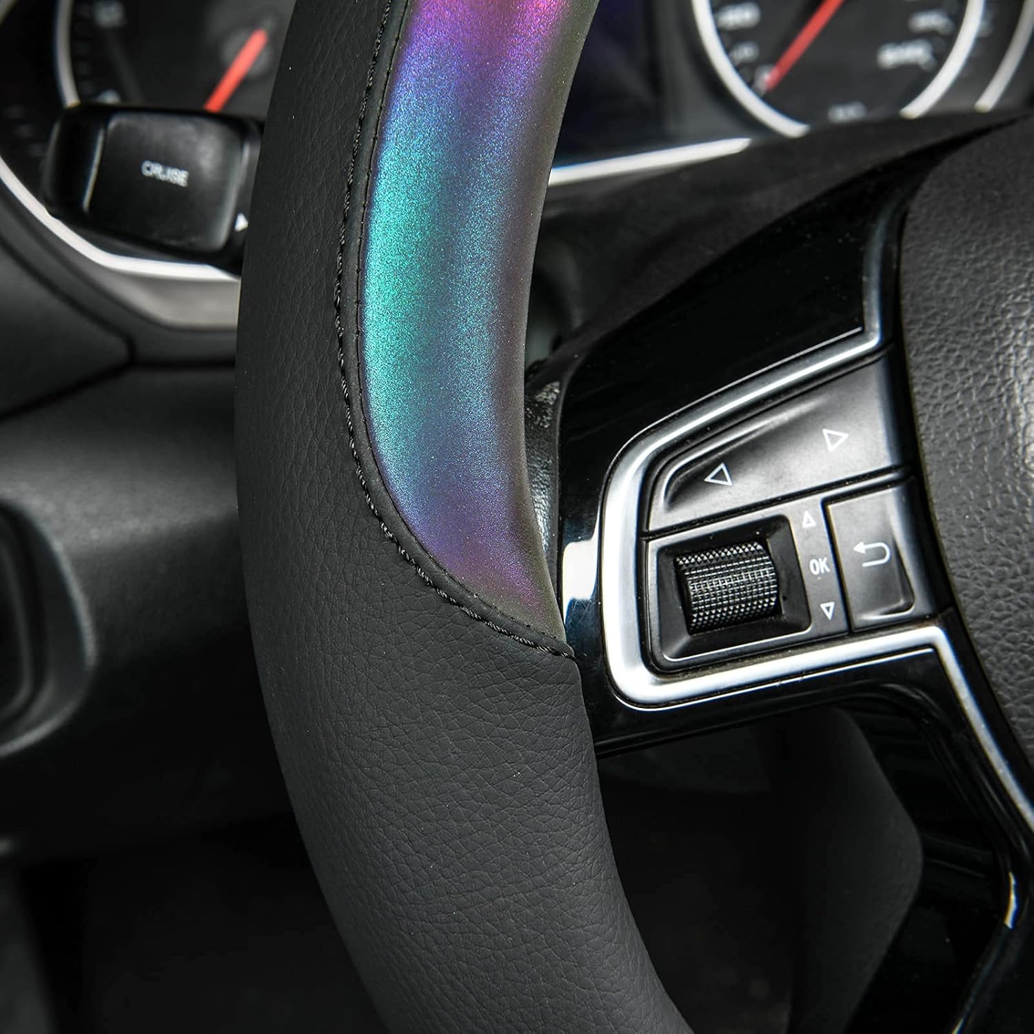 CAR-GRAND Chameleon Iridescent Reflective PU Leather Steering Wheel Cover,15Inch Universal Fit for 95% Suvs,Sedans,Vans,Trucks for Unique Cute Women Lady Girly(Black Colorful Color Change) Multicolor - Image 7