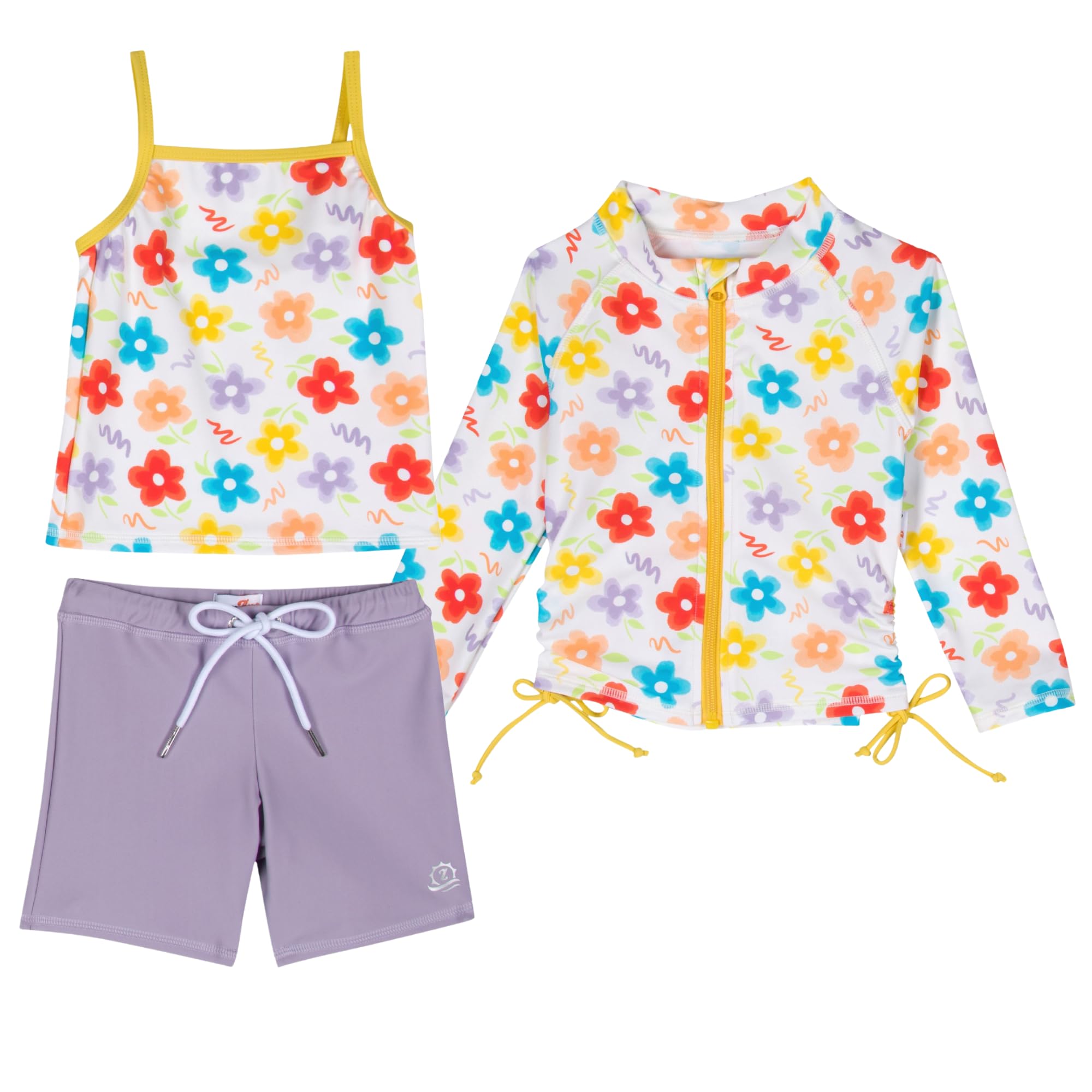 SwimZip Girls' 3 Pc Swim Set w/Long Sleeve Rash Guard, Tankini & Shorts UPF 50+