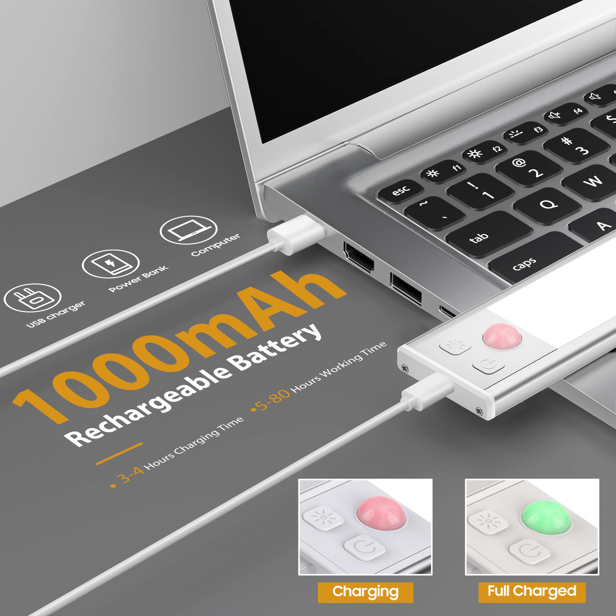 Luces para debajo del gabinete, sensor de movimiento, 3 temperaturas de color, luz LED para armario, luces recargables USB-C para debajo del mostrador, luces regulables, inalámbricas, magnéticas, para