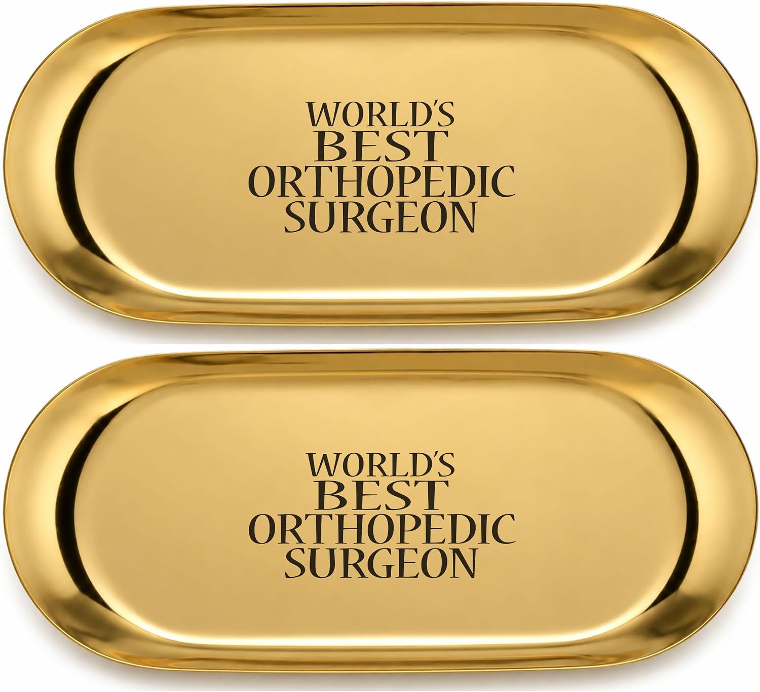 Pawpy Mate World's Best Orthopedic Surgeon Stainless Steel Oval Gold Catchall Tray, 7x3 Inch, Set of 2, Rust Resistant Stackable Vanity and Decorative Tray, Modern Polished Finish, Home Organization