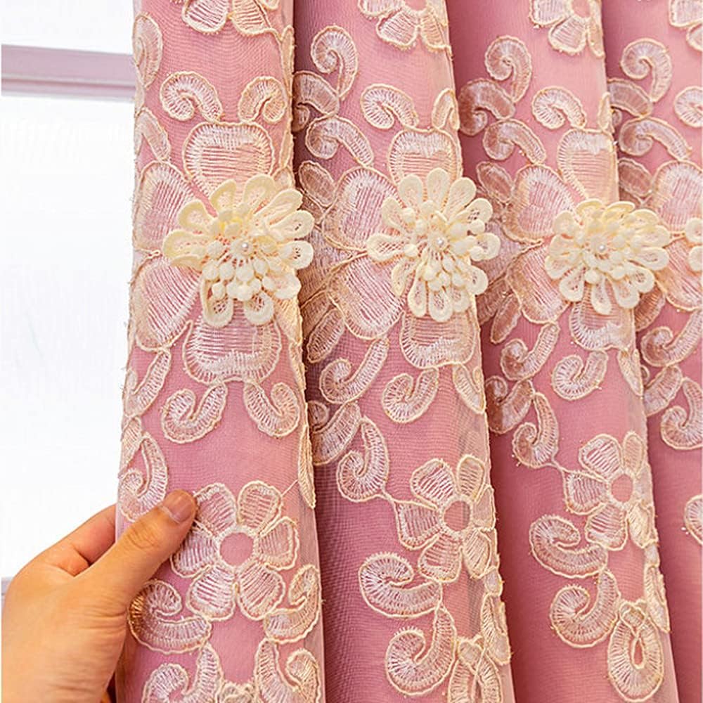 Amidoudou 1 Pair European Double Layer Curtains Luxury Embroidered Curtains for Living Room Bedroom (Pink,52x84 Inch)
