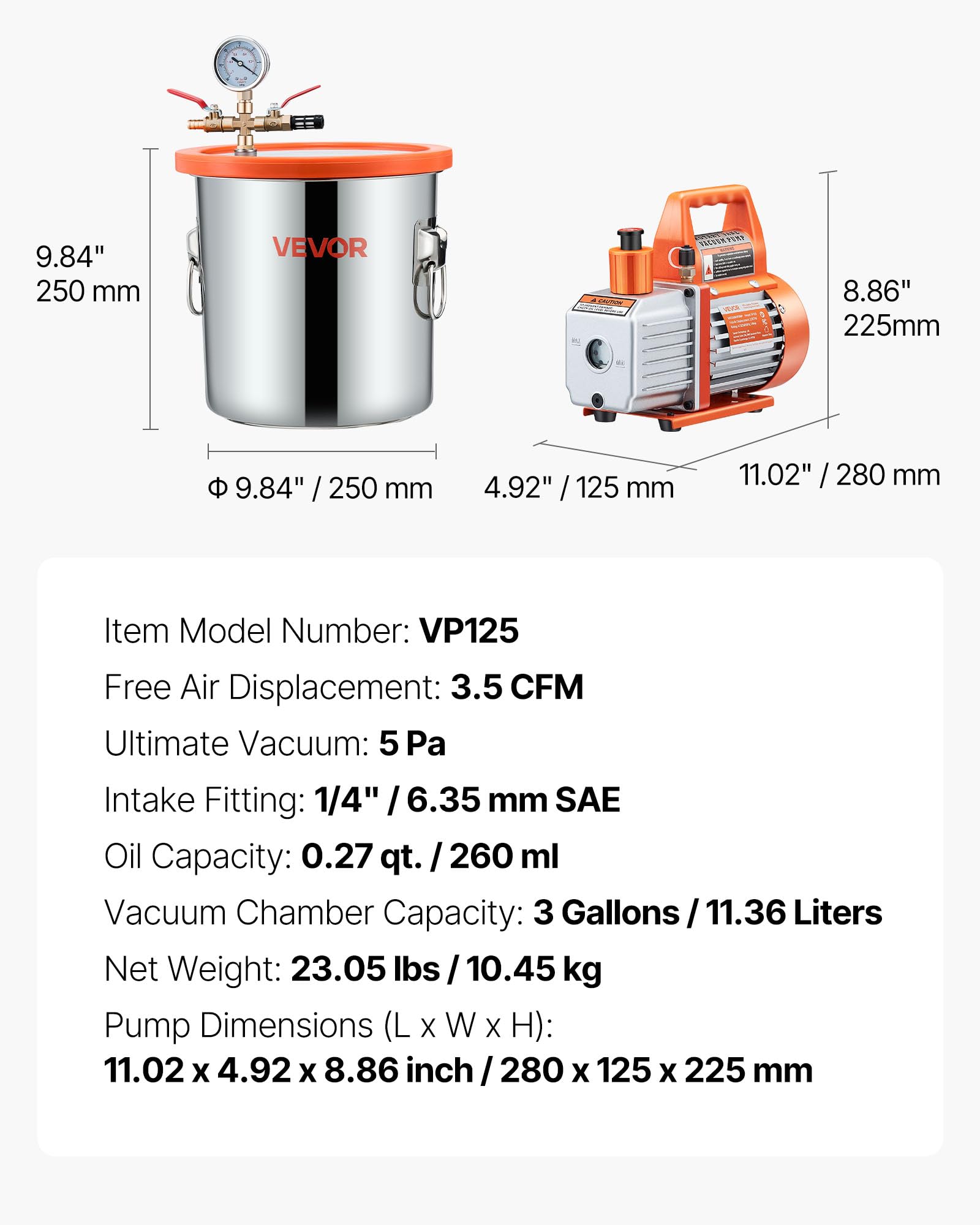VEVOR 11,36 L Vakuumkammer mit Pumpe, 99 L/min, Edelstahl, Entgasungskammer-Kit, einstufig, Deckel aus gehärtetem Glas, 1,5 m Schlauch, zur Stabilisierung von Holzentgasungs-Silikonharz