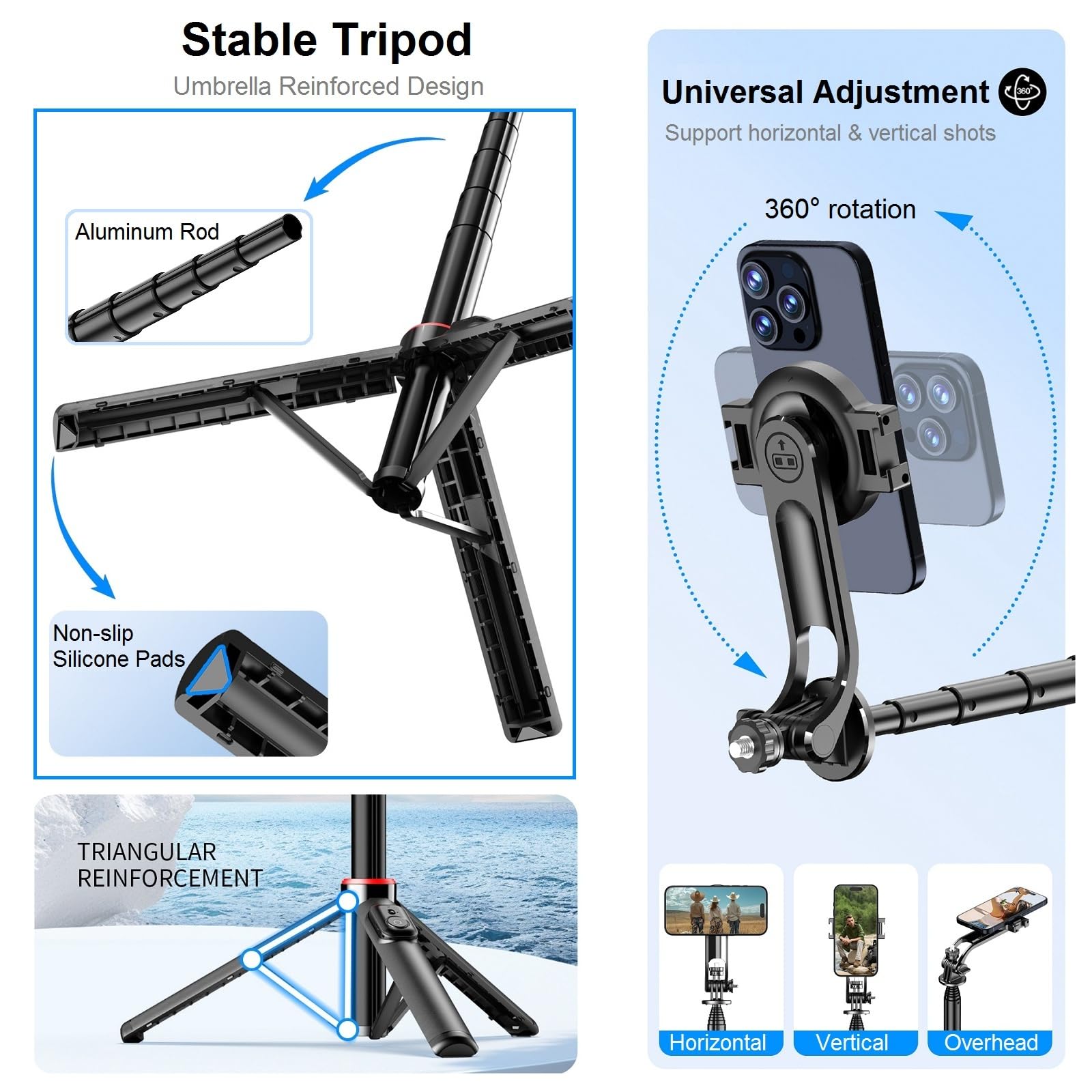 Perche à selfie magnétique pour iPhone – Trépied de téléphone de 129,5 cm compatible avec Magsafe, trépied de voyage pour iPhone, téléphones portables, Android, appareil photo, enregistrement vidéo,