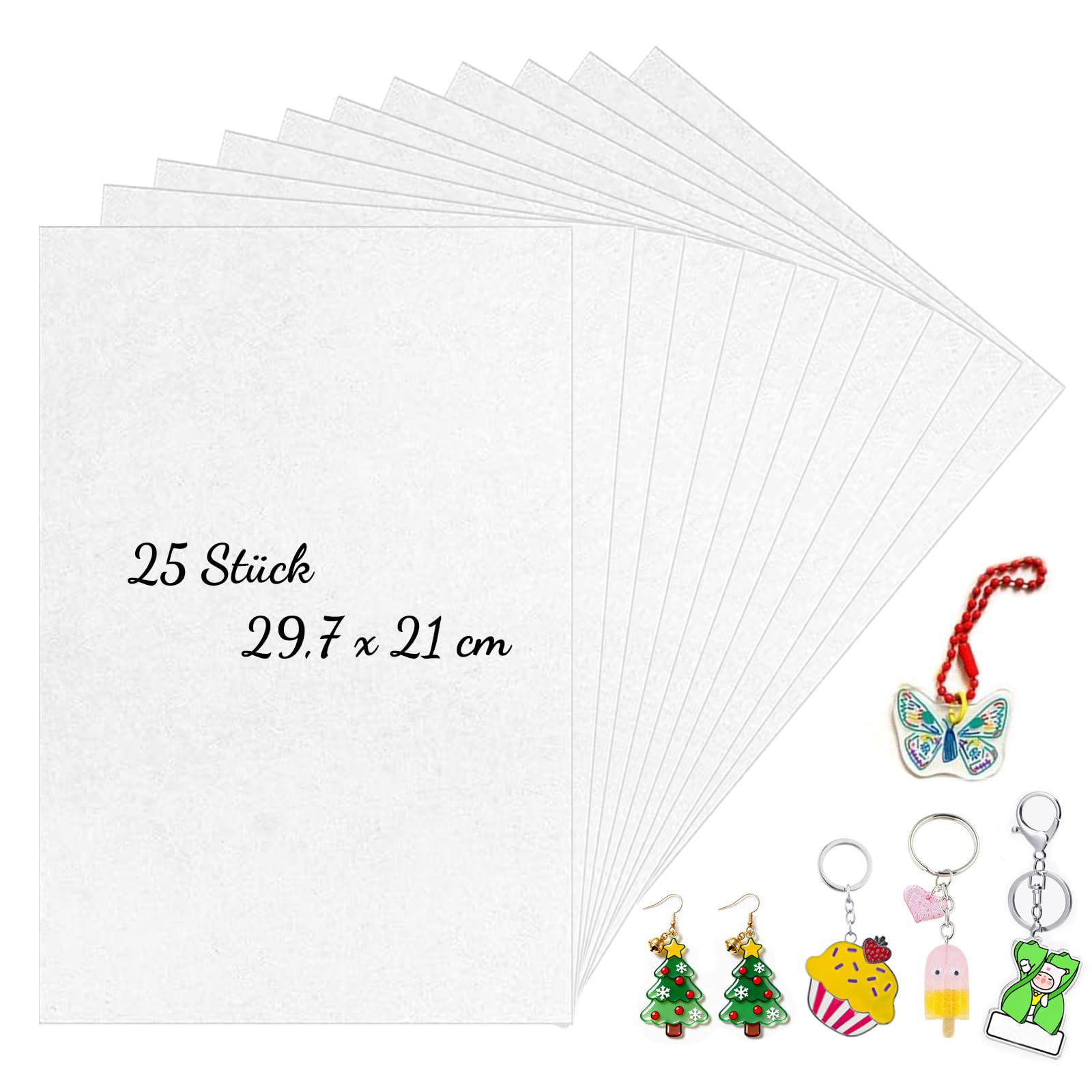 QKJEM Folia termokurczliwa 25 sztuk, matowa, przezroczysta, folia termokurczliwa A4, shrinky dink paper Shrink Plastic, odpowiednia dla dzieci, uczniów, prac ręcznych DIY, plakietek, zawieszek do