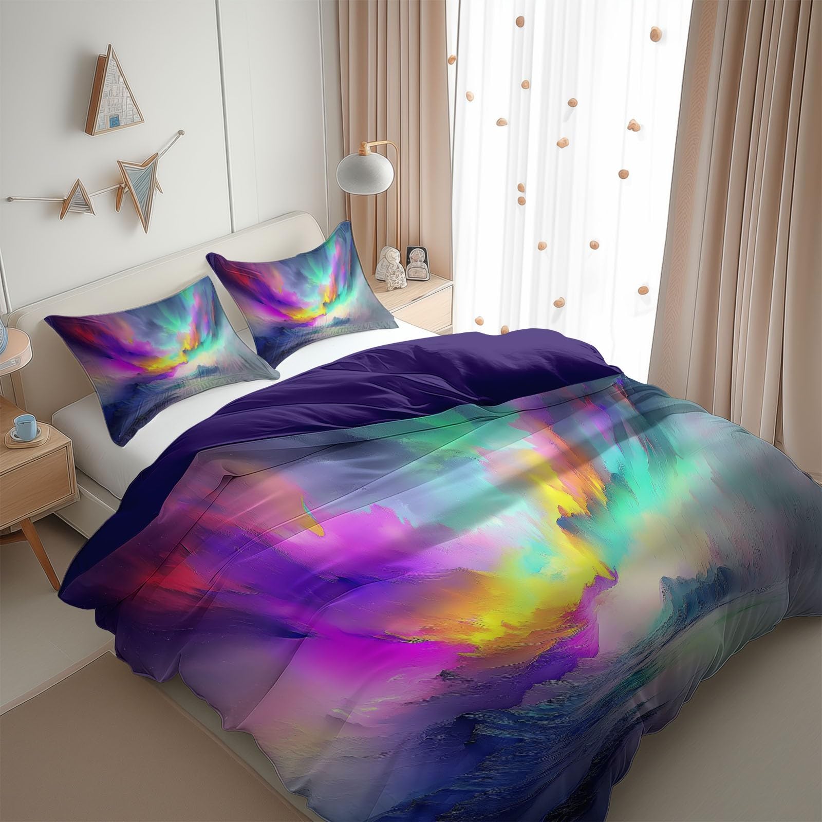 Purple Duvet Cover King Size Abstract Painting Sky Reversible 3 Pieces Duvet Cover Set, Bedding Set for All Season, Soft and Breathable Bedding Set with Zipper Closure