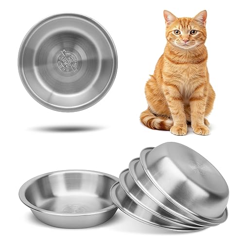 ARGCONNER 6 Pcs Stainless Steel Cat Bowls, Metal Cat Bowls Whisker Friendly, 5.5Inch Shallow Wide Cat Food Dishes, Replacement Basic Cat Plates