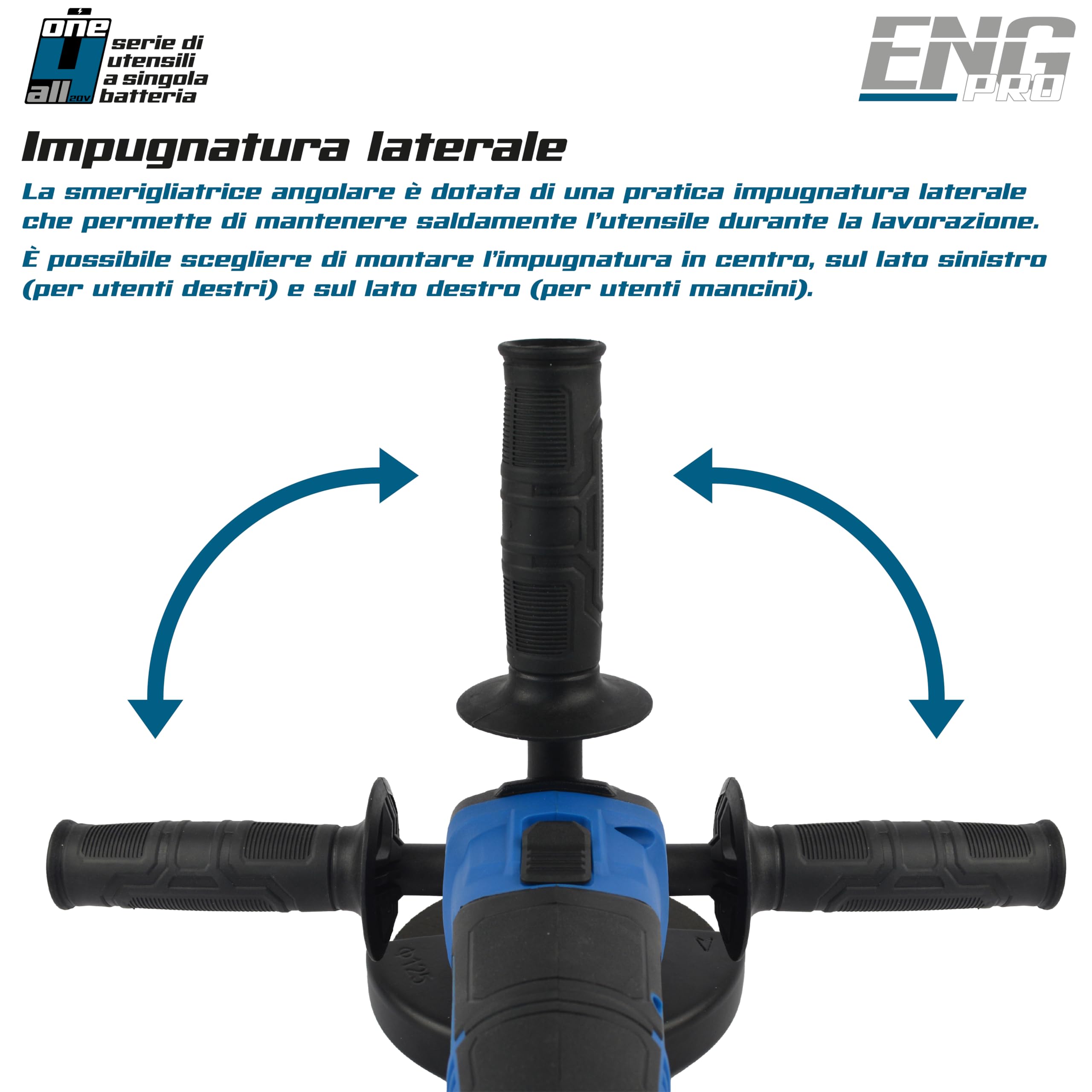 Smerigliatrice Angolare 125 mm - Linea Professionale a Batteria ONE4ALL 20V – 10000 rpm, Disco da Taglio Incluso, 1 Batteria 4.0Ah e Caricabatteria - ENG PRO