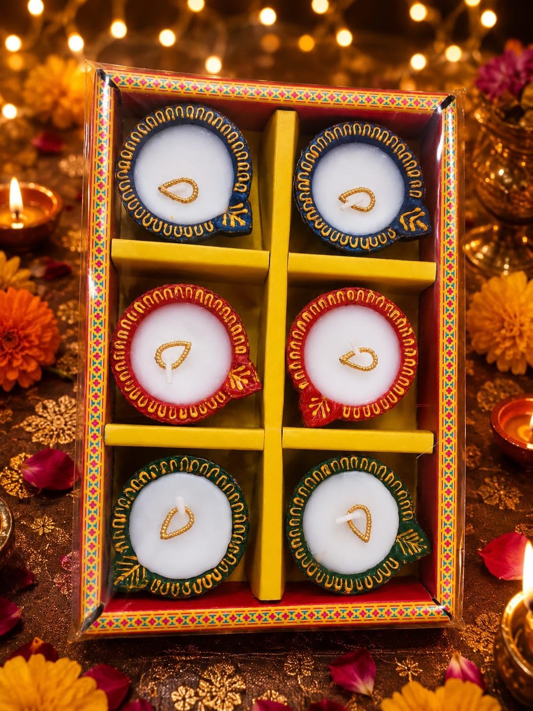 Decorative Diwali Diya Set, Hand-Painted Clay Diyas, Set of 6