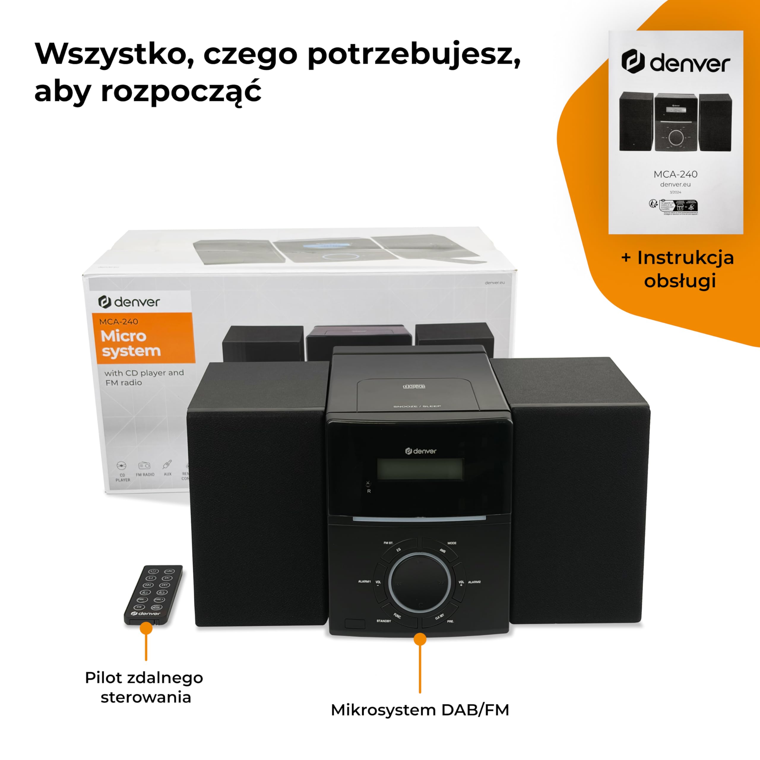Denver MCA-240 Micro HiFi System – odtwarzacz CD, radio FM, złącze AUX – funkcja podwójnego alarmu i pilot zdalnego sterowania – kompaktowy system stereo z CD | moc 2 x 20 W