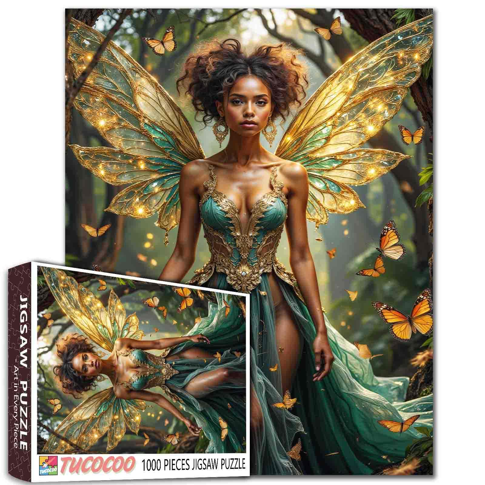 Fantasy Forest Fairy Jigsaw Puzzle for Adults 1000 Pieces, African Woman with Butterfly Wings Puzzle for Students 20×27 Inches Magical Art Vibrant Color Nature Puzzle Idea Gift Home Wall Decor