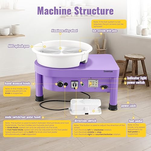 Miniatura 3 de Huanyu Pottery Wheel Machine, 12-Inch Bat System Manual & Foot Pedal Control Electric Ceramic Wheel Forming Machine Art Clay DIY Sculpting Tool Kit