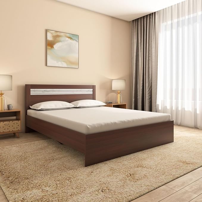 Nilkamal Akin Wooden Queen Bed Without Storage | Engineered Wood | Contemporary Design | Walnut