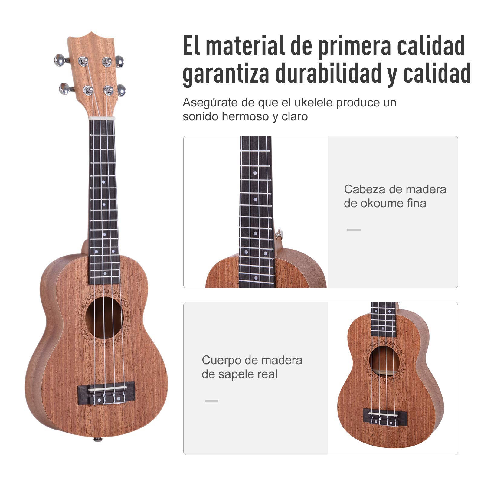 HOMCOM Ukelele 21 Pulgada Ukelele Soprano de Iniciación para Principiantes Ukelele Concierto Hawaiian Cuerdas Aquila de Nylon Material Madera 53x17,5x6,2 cm