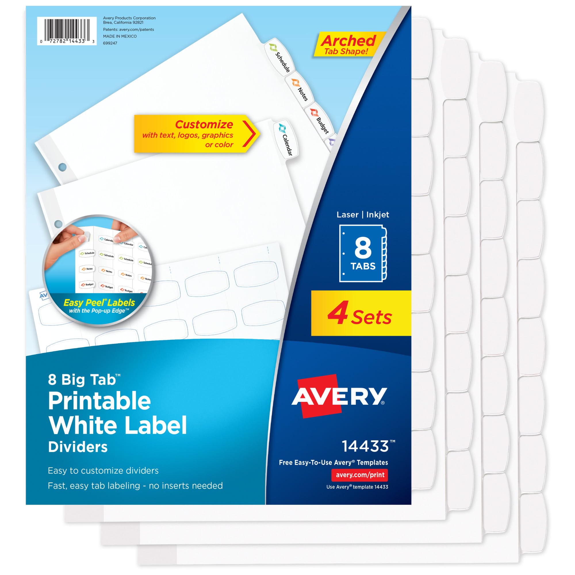 Avery Big Tab Printable White Label Dividers for 3 Ring Binders, 8 Tabs per Set, White, Great for Office Supplies, School Supplies, Organizing, and More (4 Sets of 14433)