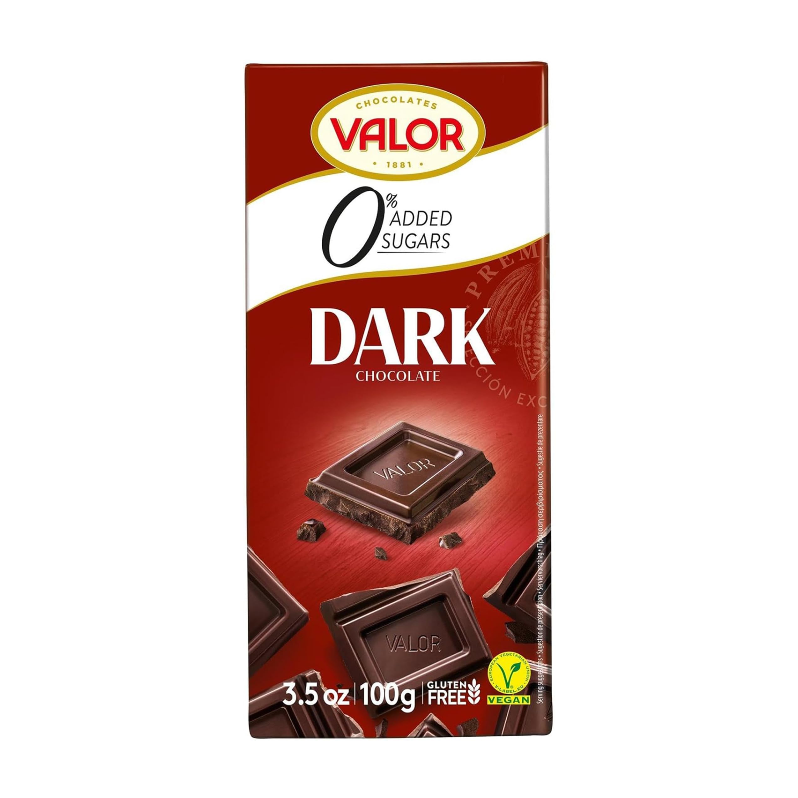 Valor Sugar Free Chocolate Bar - Dark Diabetic Chocolate, made with Fine Cacao, Sweetened with Stevia, Lactose & Gluten Free, Vegan, by Master Chocolatiers, 100g Bar