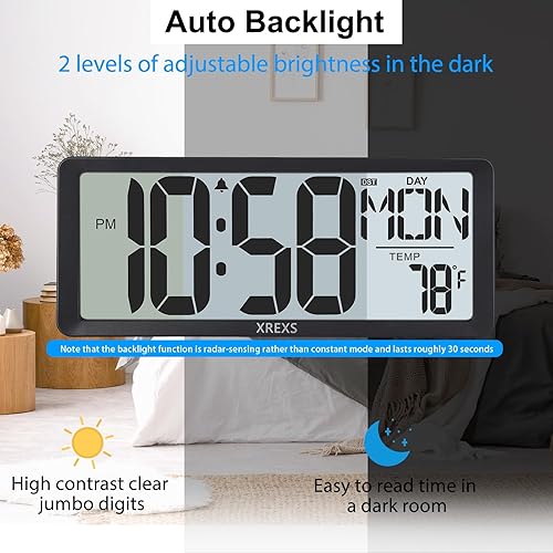 Miniatura 10 de XREXS Reloj de pared digital con luz de fondo (no constantemente iluminado), reloj de pared grande de 14.17 pulgadas con control remoto,