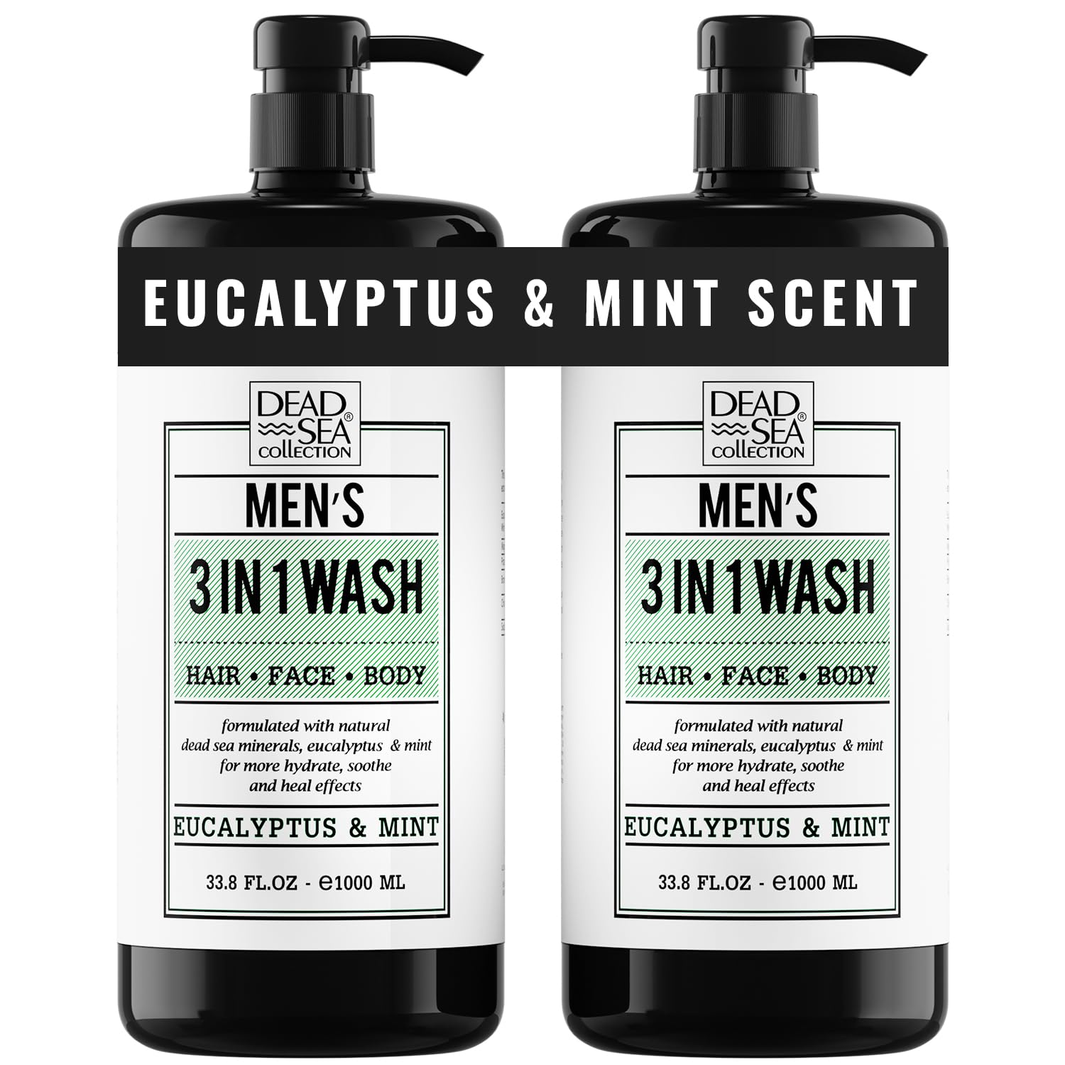 Dead Sea Collection Mens Shower Gel 3 in 1 with Eucalyptus & Mint, Body Wash with Dead Sea Salt, Shampoo for Men Face Wash