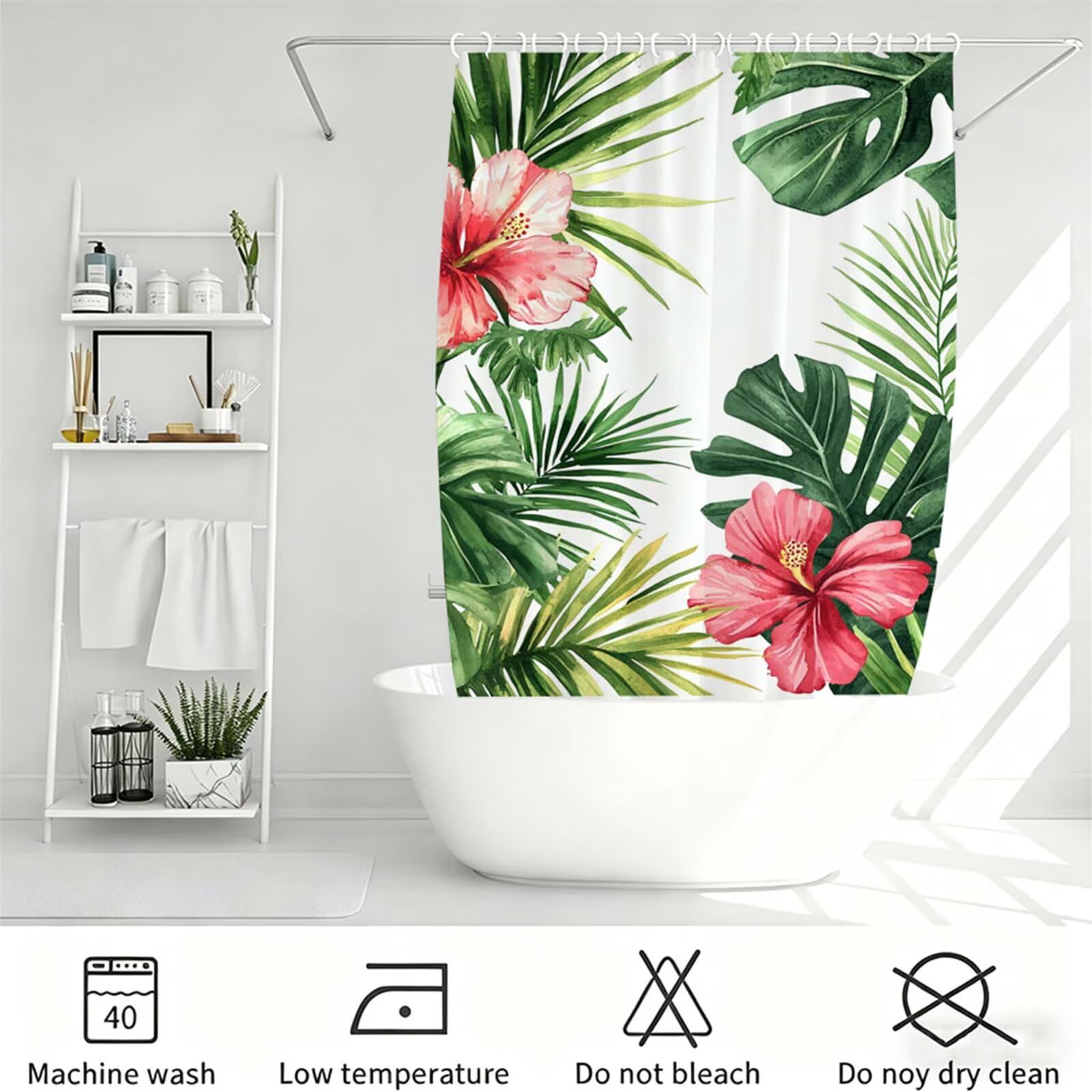 Tenda Doccia 180x240cm Bianco Tenda per Doccia con 12 Anelli, Bordo Ponderato, Polyester Tessuto Lavabile, Asciugatura Rapida, Facile da Pulire, per Bagno Dormitorio Hotel Piante tropicali J-657